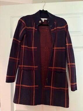 Plaid Open-Front Coatigan / Cardigan Sweater Red, Orange, Navy